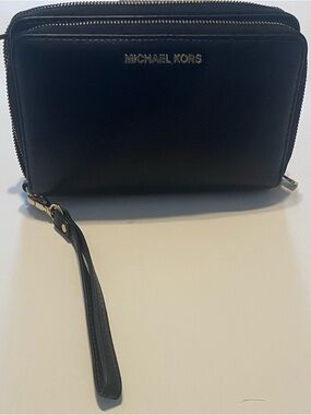 Michael Kors Black Leather Wristlet Clutch with Gold Hardware